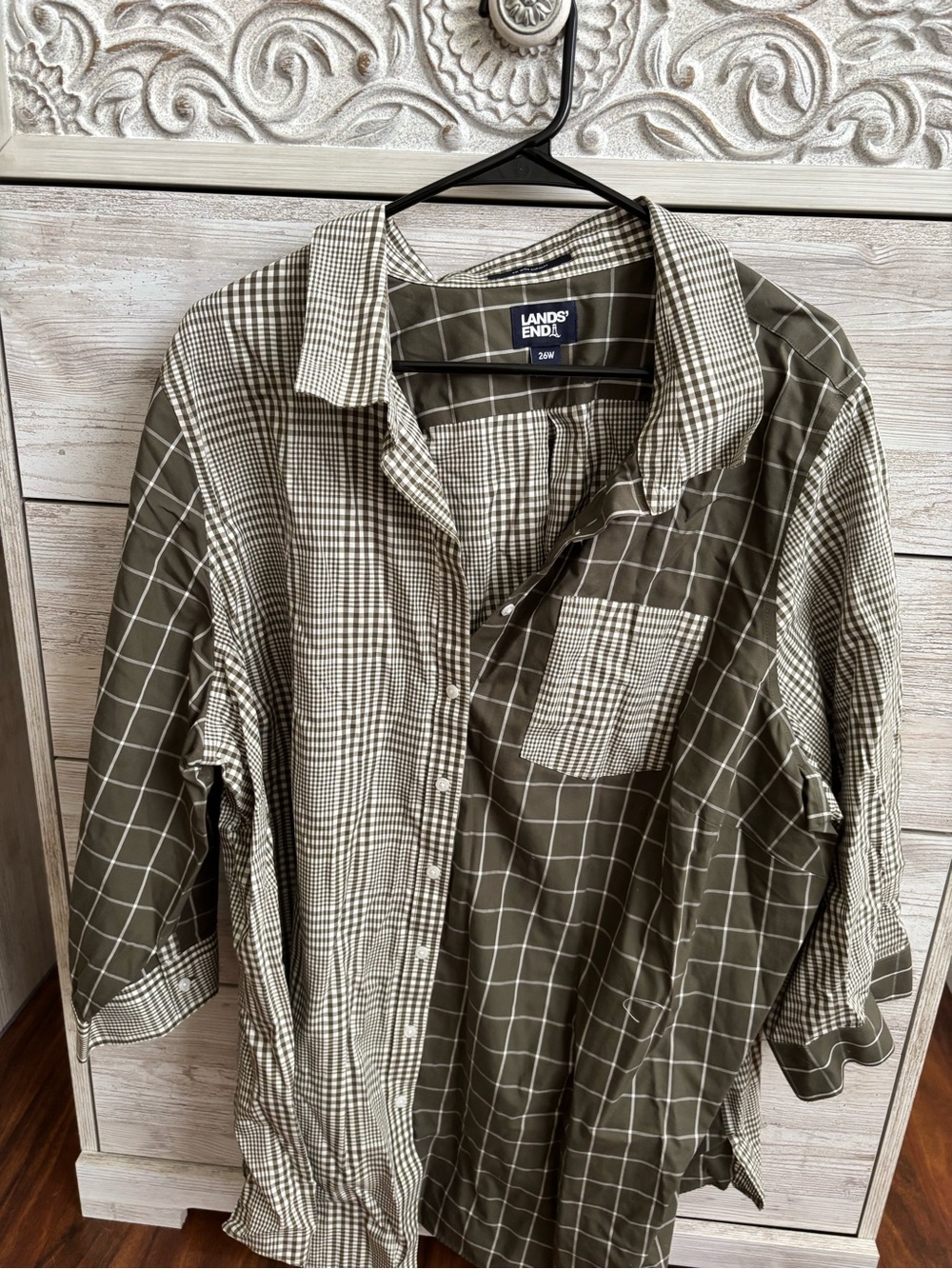 Lands' End  Olive and Cream Mixed-Check Button Down Shirt